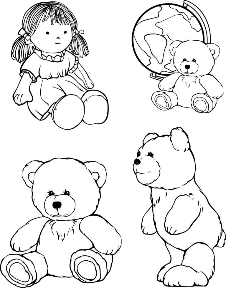 Soft toys bear, doll. Black and white hand-painted picture. For colouring books and your books. vector