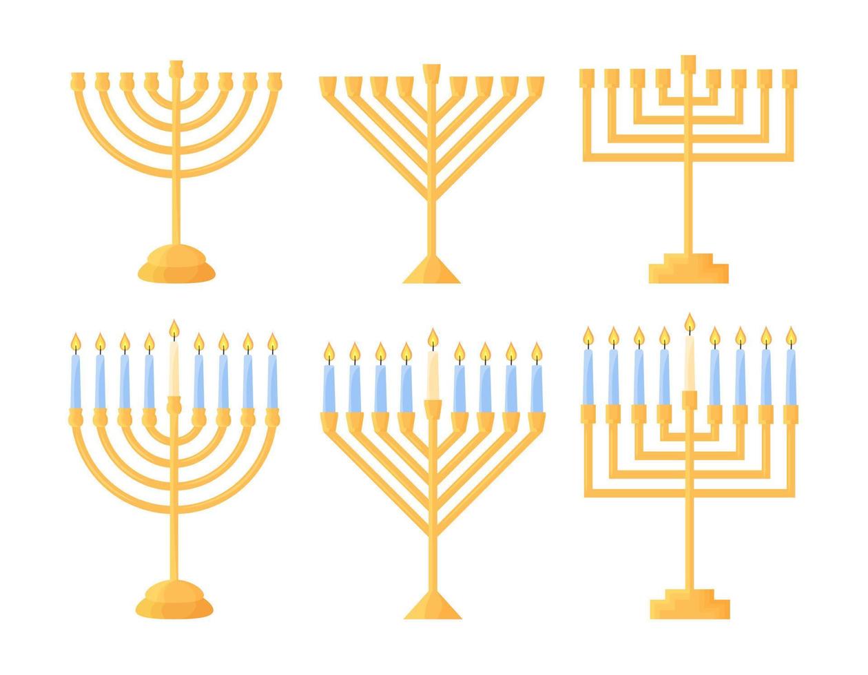 Hanukkah menorah isolated. Vector set of traditional Jewish holiday symbol. Chanukiahs of different shapes collection. Golden holders empty and with nine burning candles. Flat vector illustration