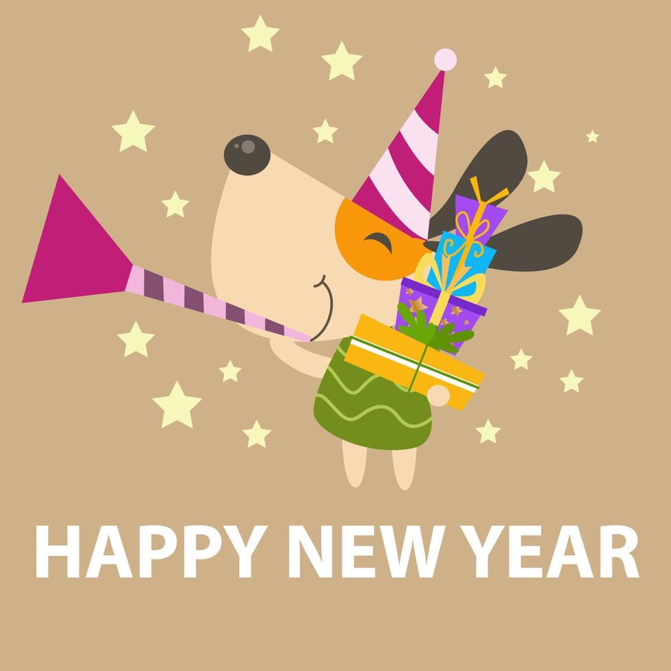 Merry christmas and new year card with cute characters on brown background vector