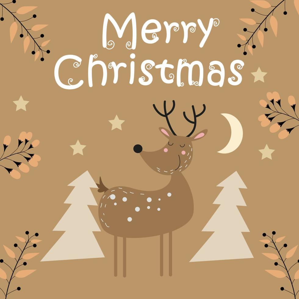 Merry christmas and new year card with cute characters on brown