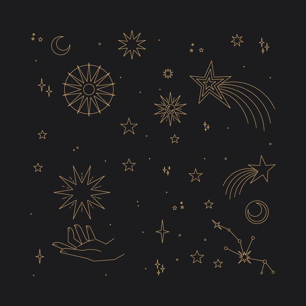 Astral stars linear icons. Mystic symbols, hands, planets, suns and moons. vector