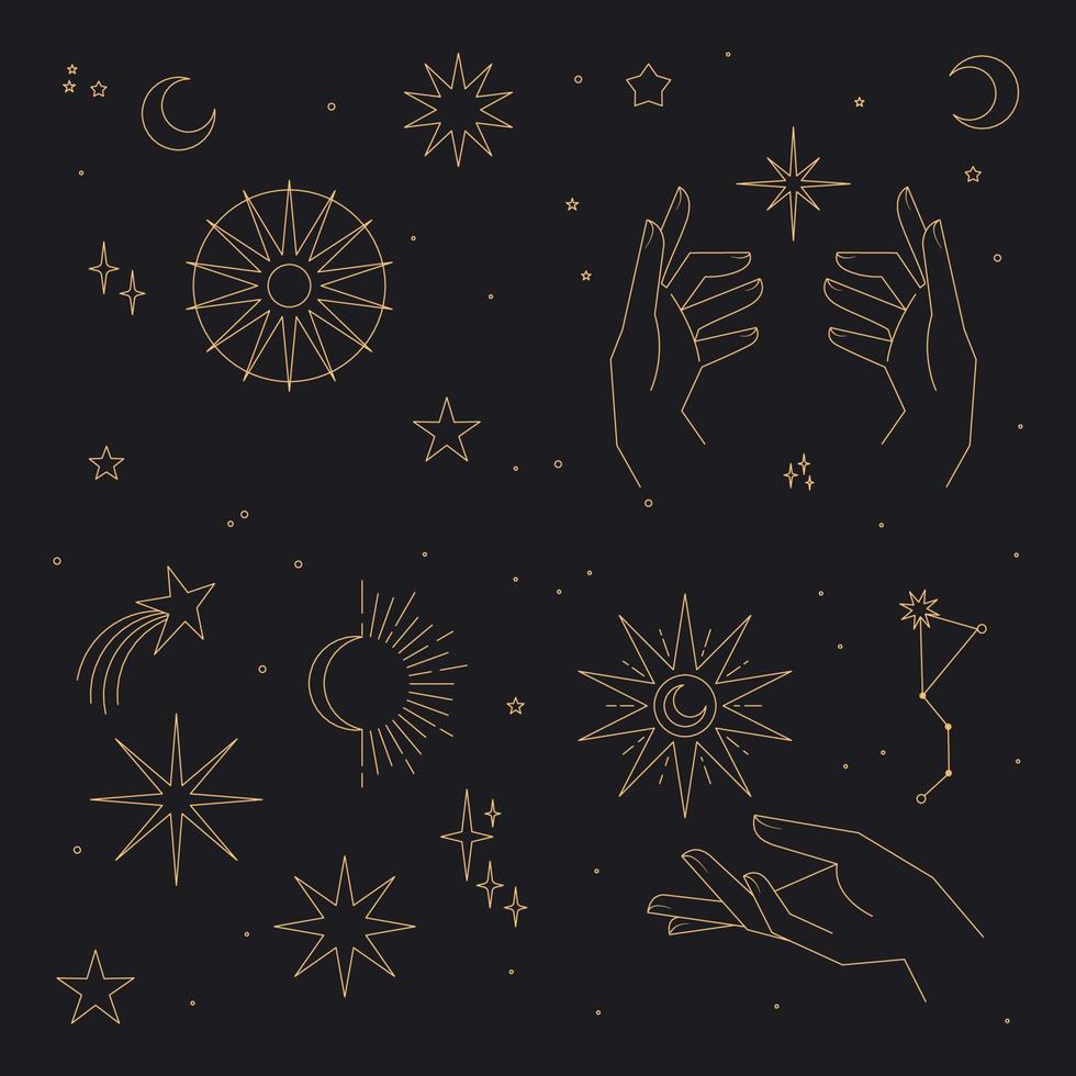 Astral stars linear icons. Mystic symbols, hands, planets, suns and moons. vector