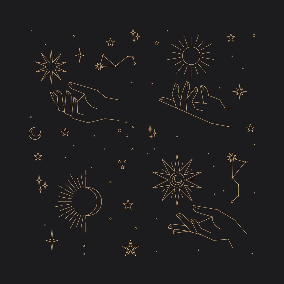 Astral stars linear icons. Mystic symbols, hands, planets, suns and moons. vector