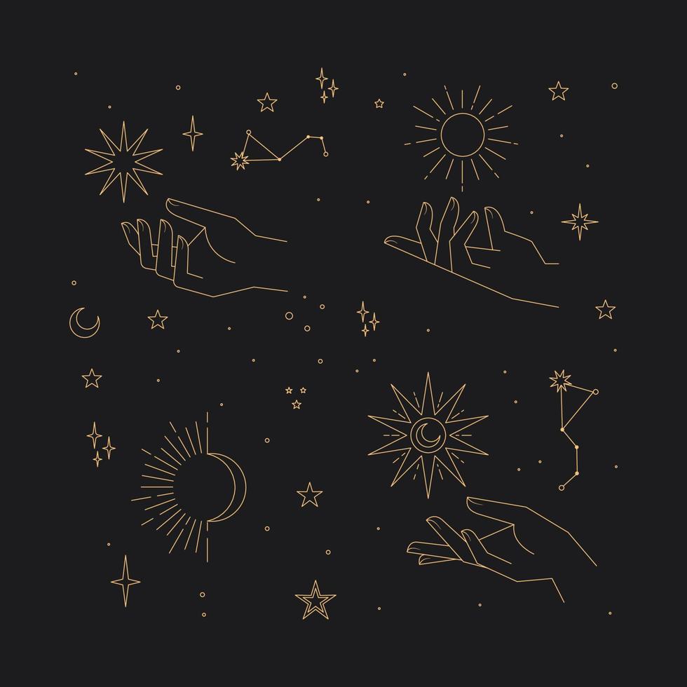 iconos lineales de estrellas astrales. símbolos místicos, manos, planetas, soles y lunas. vector