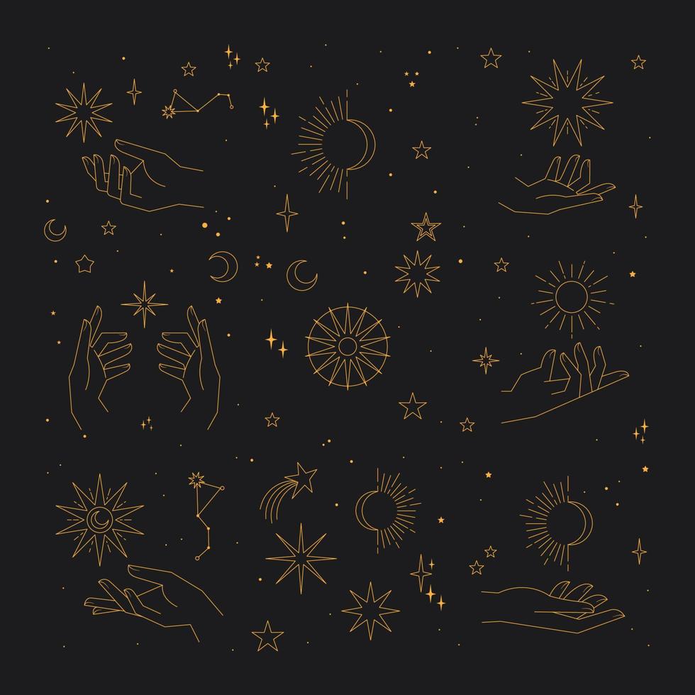 Astral stars linear icons. Mystic symbols, hands, planets, suns and moons. vector