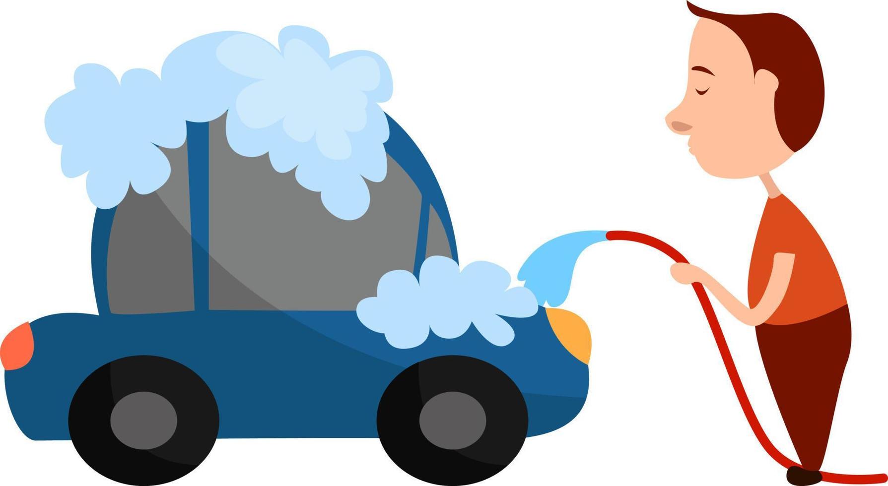 Boy washing the car, illustration, vector on white background