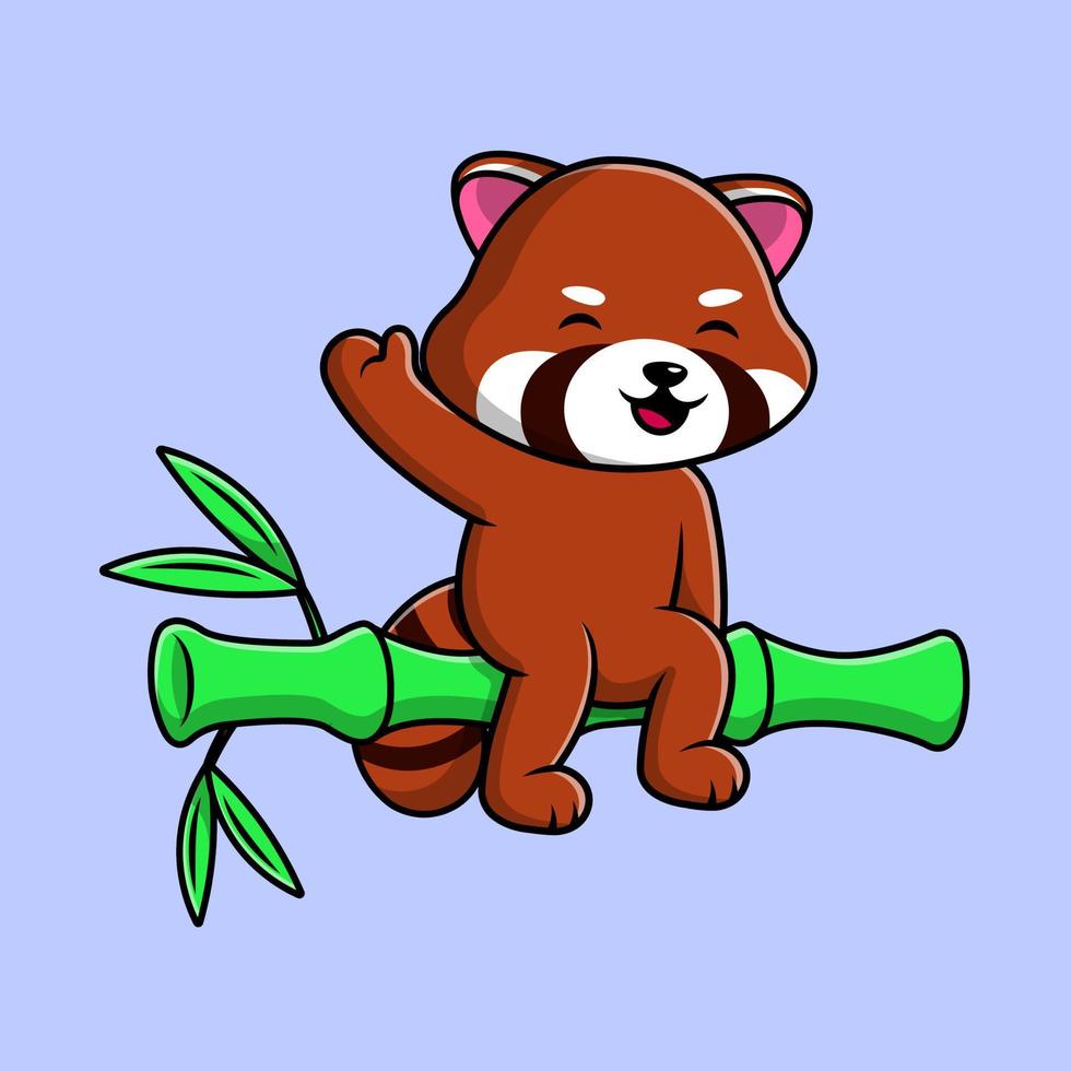 Cute Red Panda Sitting On Bamboo With Waving Hand Cartoon Vector Icons Illustration. Flat Cartoon Concept. Suitable for any creative project.