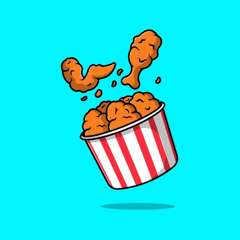 Flying Fried Chicken With Bucket Cartoon Vector Icons Illustration. Flat Cartoon Concept. Suitable for any creative project.