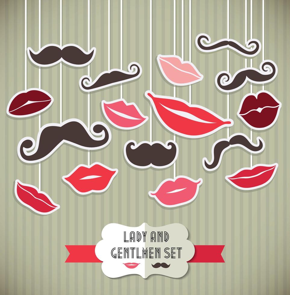 Stickers collection of moustaches and lips. Vector illustration of trend symbols.