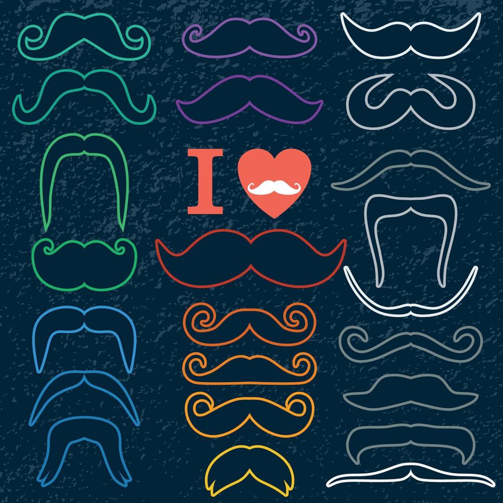 Moustaches colors bright set on dark background vector