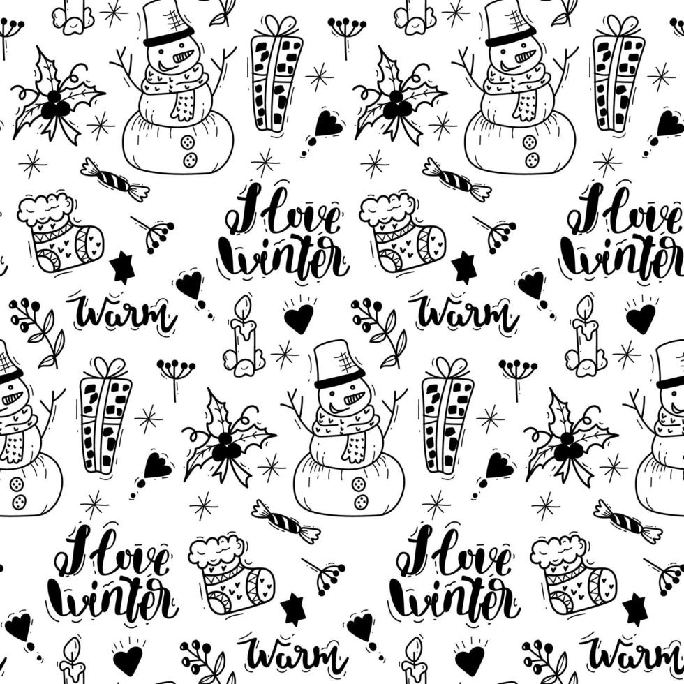 Seamless christmas plants and snowman on white background vector illustration. Winter. For printing, Christmas decorations, greeting cards, wrapping paper, fabric, porcelain, bed linen, decor.