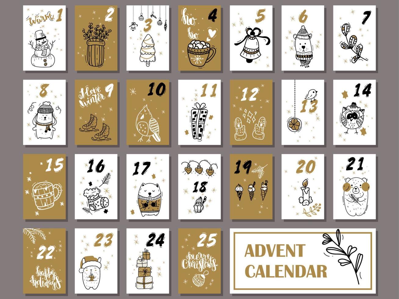 Christmas advent calendar with hand drawn design elements and handwritten modern brush pen calligraphy. Vector printables set. White, black, golden colors.