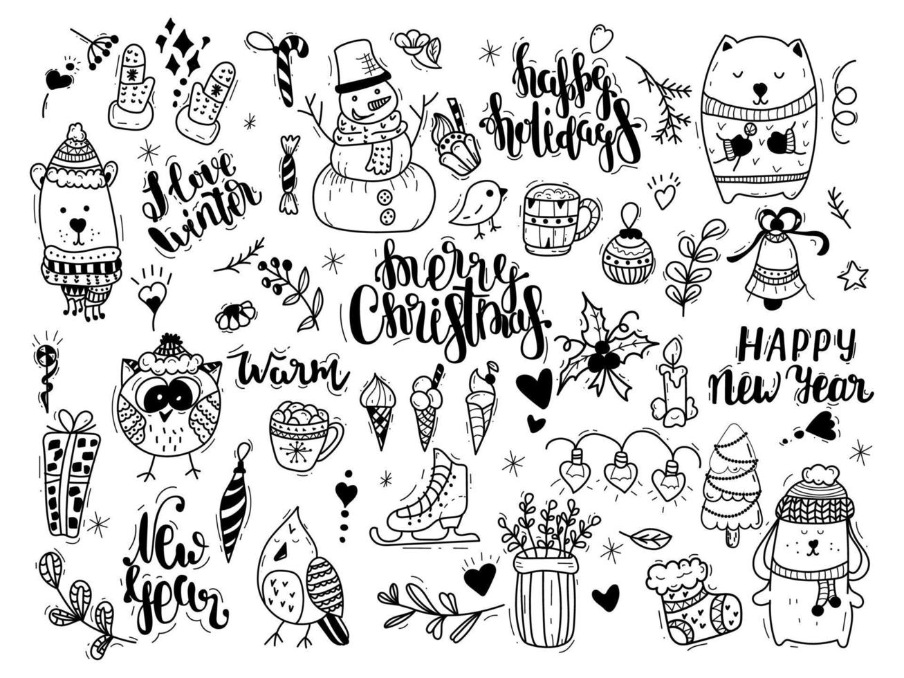 A set of doodles on the theme of the winter season - snowflakes, icicles, classic decorations, knitwear, winter sports, cute animals. Vector freehand drawings isolated on white background.