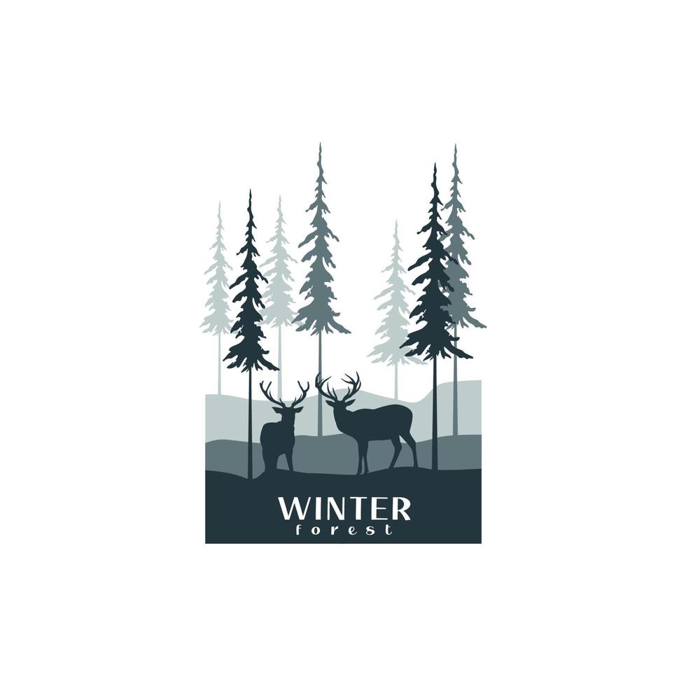 silueta de ciervo y bosque de pinos de invierno para el diseño del vector del logotipo de la naturaleza salvaje