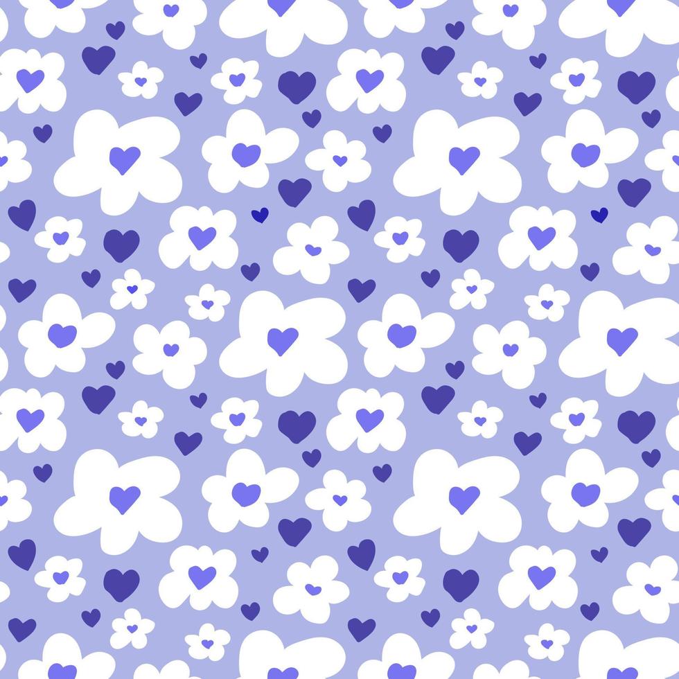 White flowers and hearts on blue background vector seamless pattern. Vintage floral background. Ditsy style.