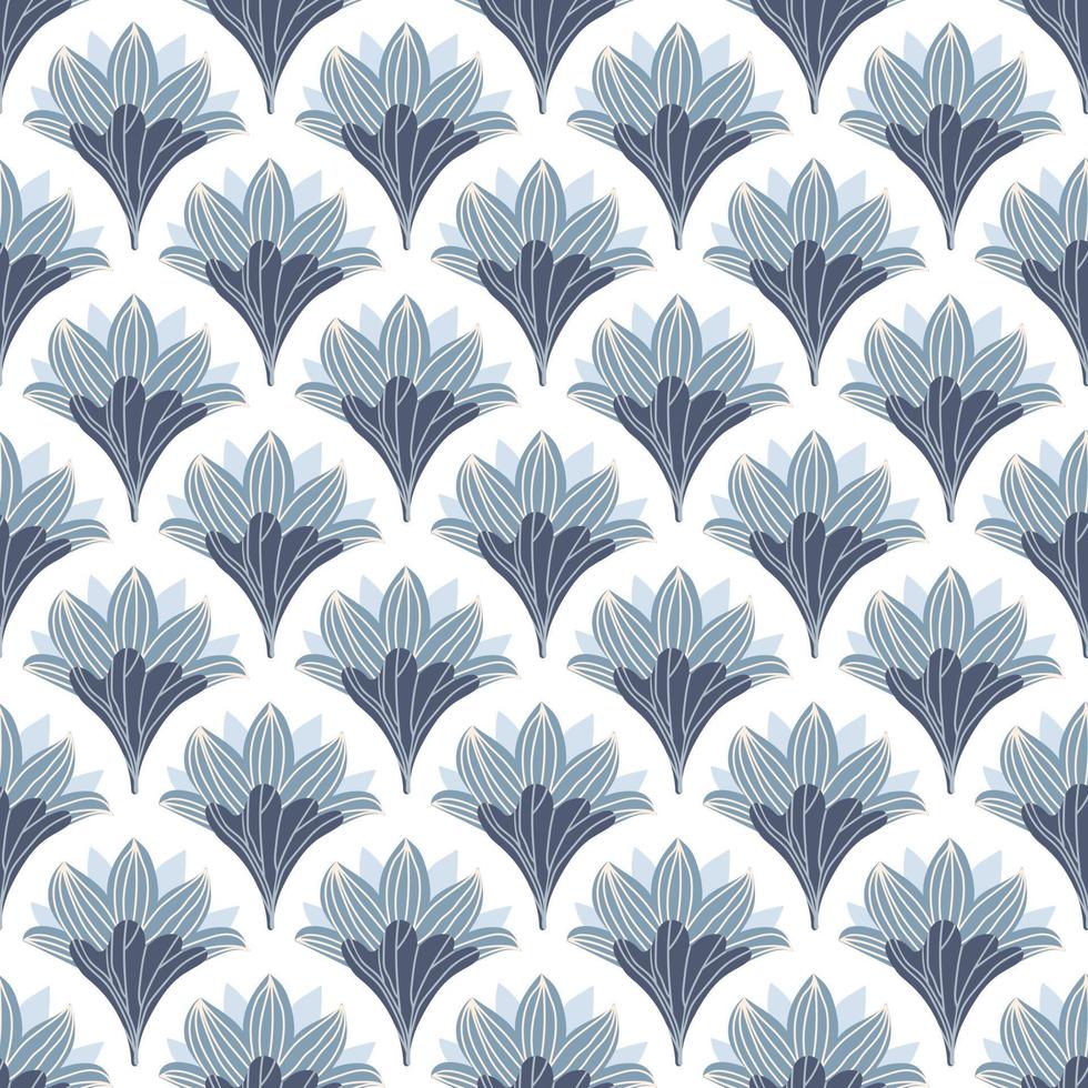 Lotus blue seamless vector pattern. Water lily and leaves on white background.