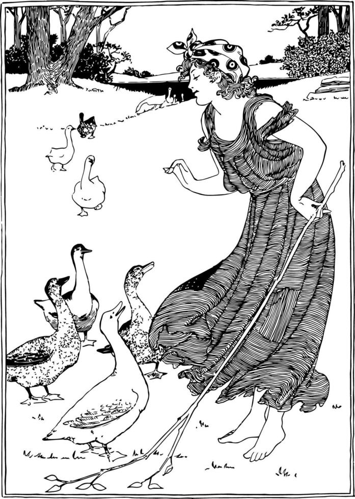 Girl and Geese vintage illustration. vector