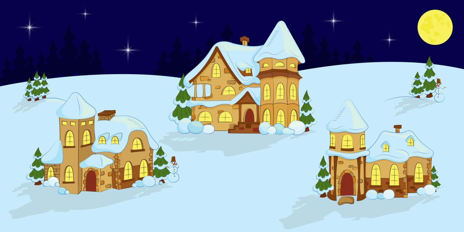 Winter night in the countryside. Snow-covered country houses under starry sky and moon. Christmas and New Year. Vector illustration.