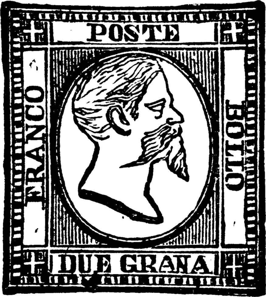 Two Sicilies Due Grana Stamp, 1861, vintage illustration vector