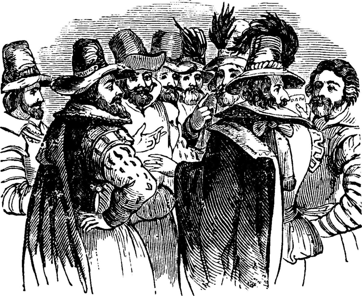 Guy Fawkes and his associates, vintage illustration. vector