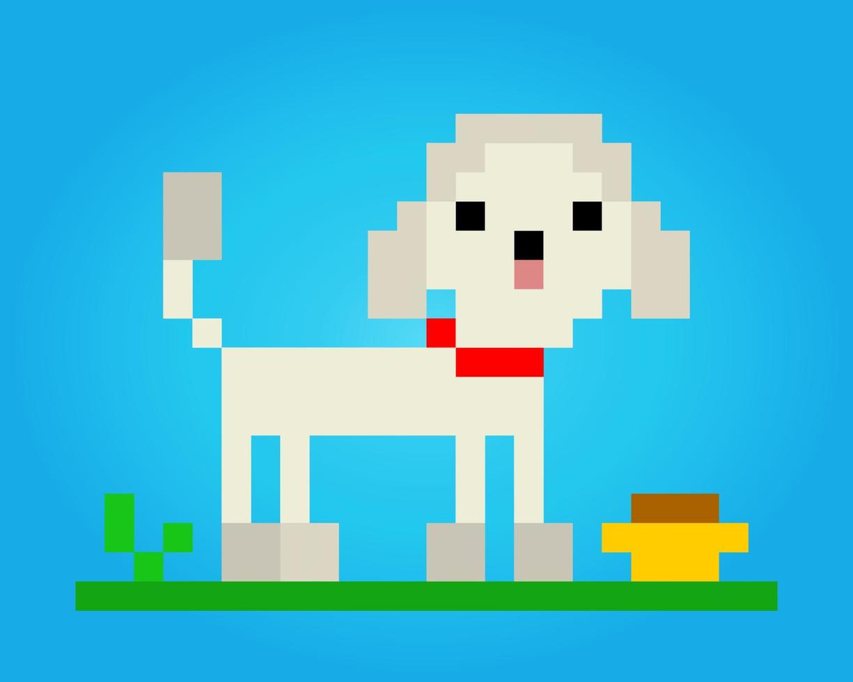 8 bit pixel of poodle dog with food's. Animal for asset games in vector illustrations. Cross Stitch pattern.