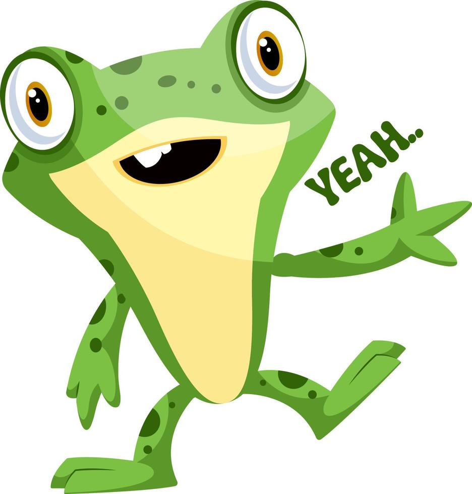 Happy baby frog waving, with a yeah text on a side, illustration, vector on white background.