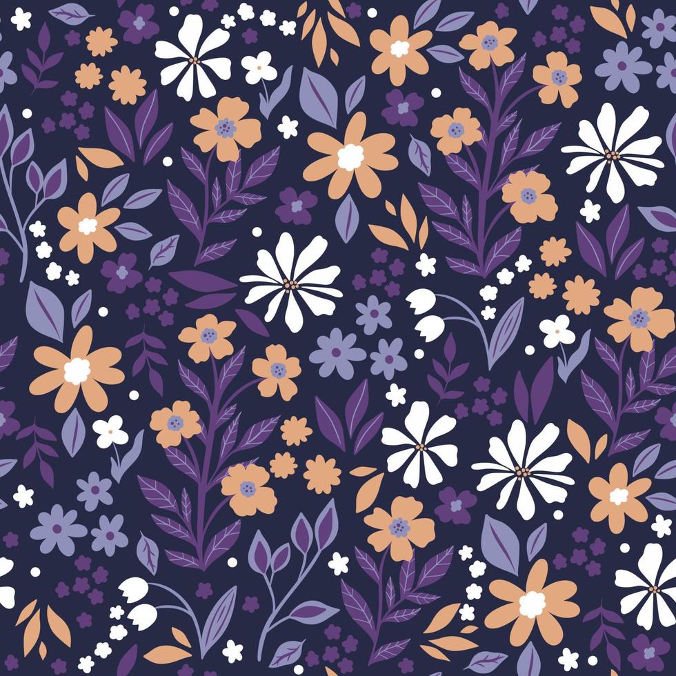 Seamless pattern with small flowers and leaves. Vector graphics.