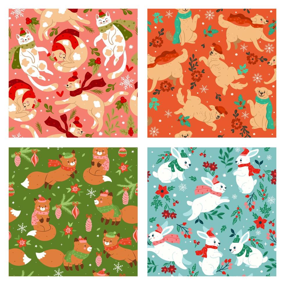 Set of seamless patterns with cute animals in hats and scarves. Vector graphics.