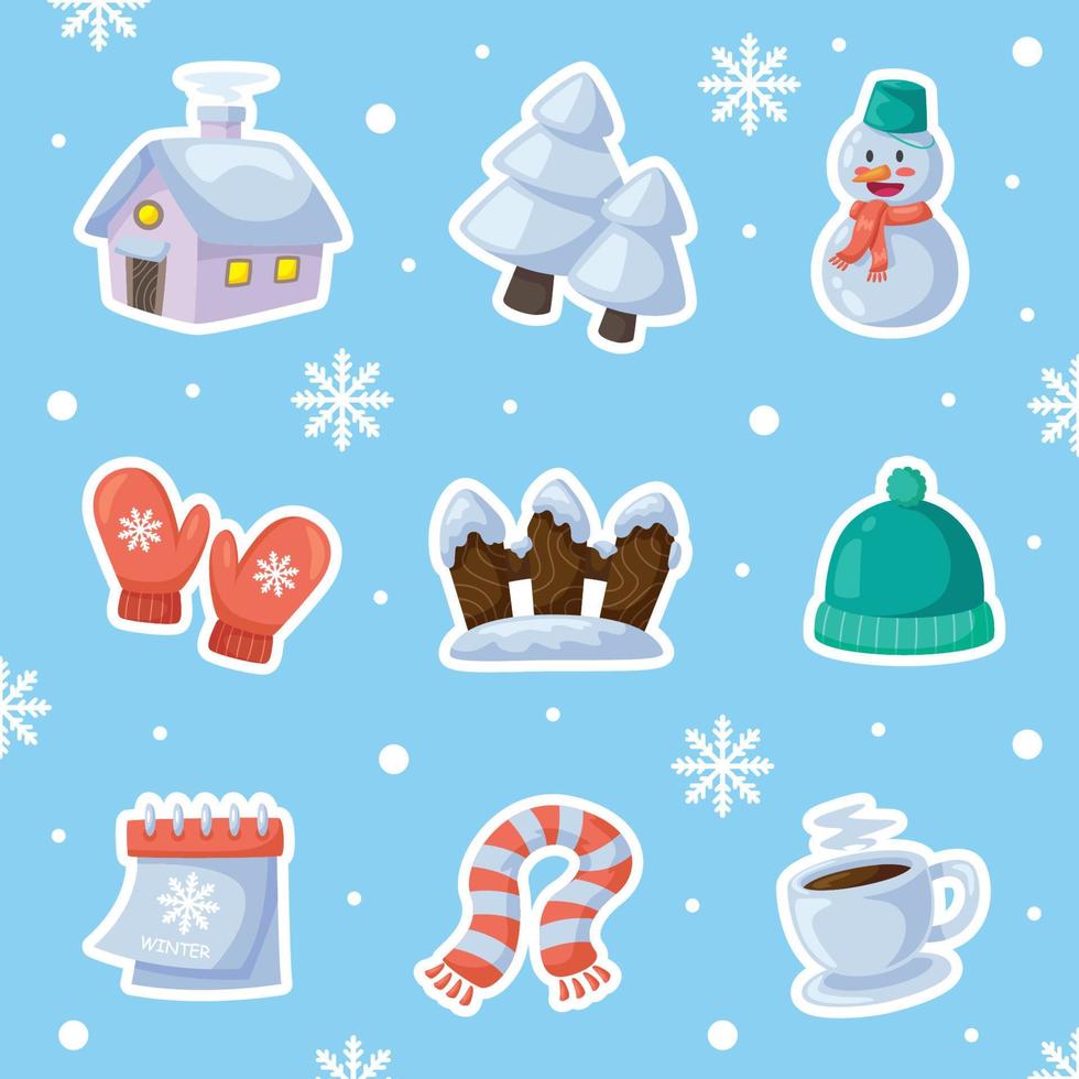 colección de iconos de pegatinas de invierno en estilo de dibujos animados vector