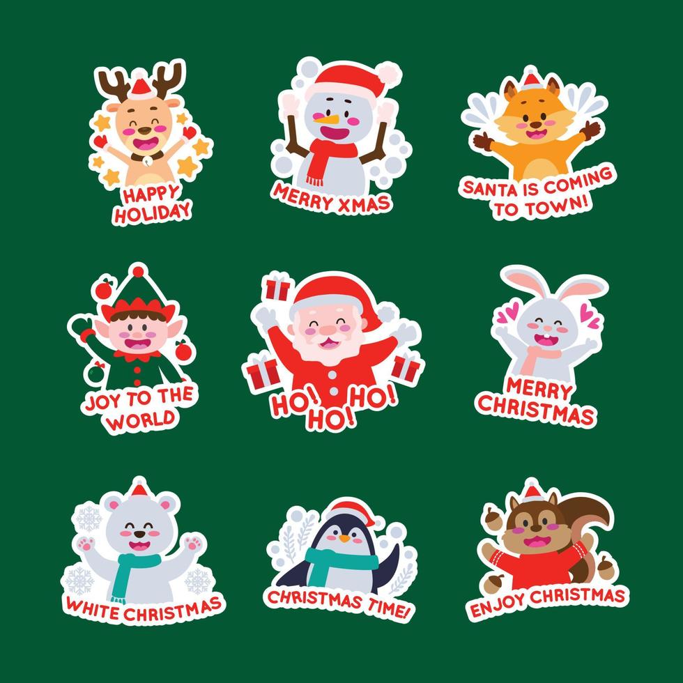 Santa and Friends Stickers Set with Christmas Greeting vector
