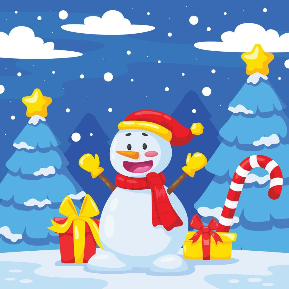 Snowman with Gift and Candy in the Winter Concept vector