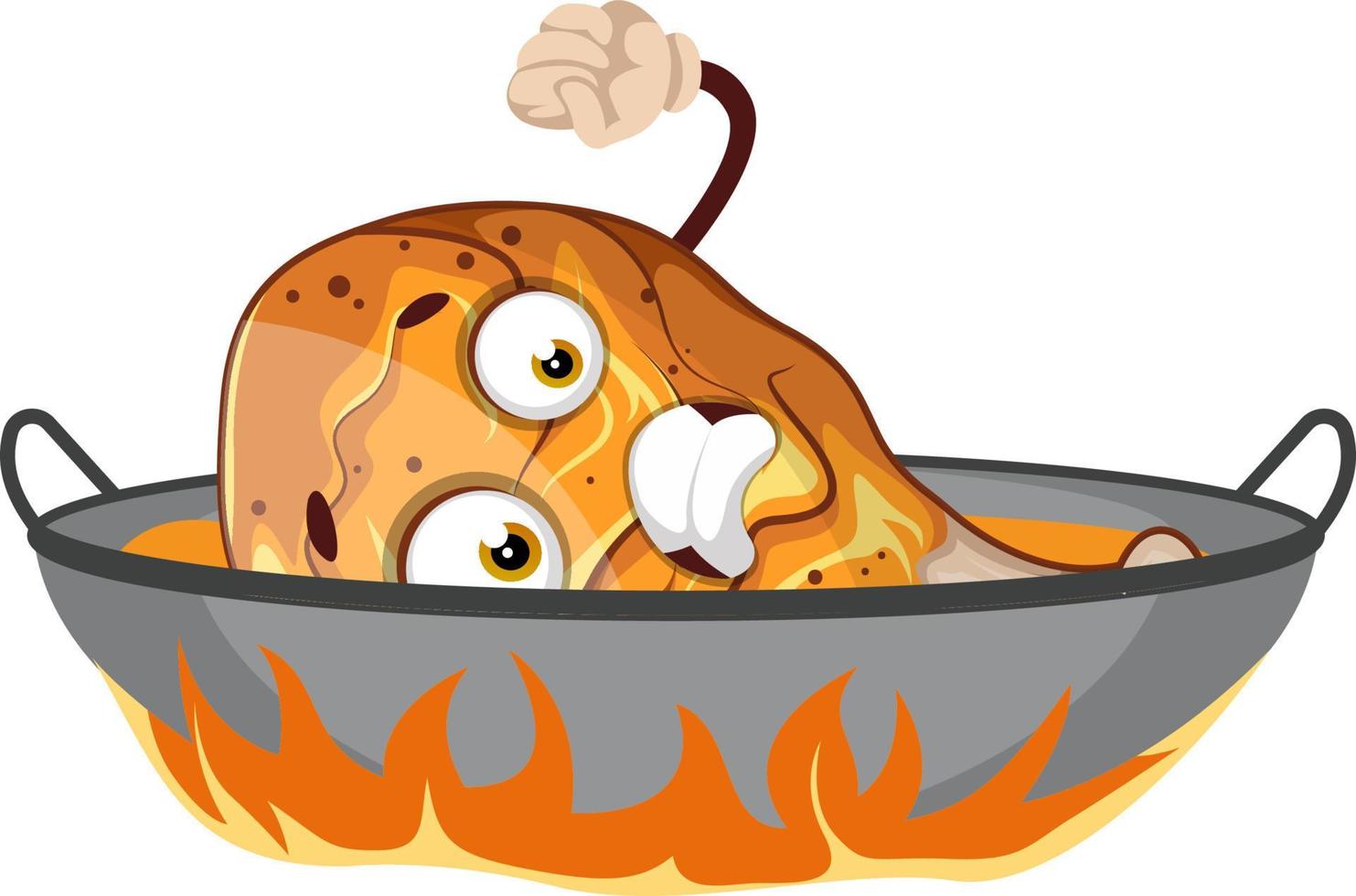 Afraid chicken drumstick in the frying pan, illustration, vector on white background.