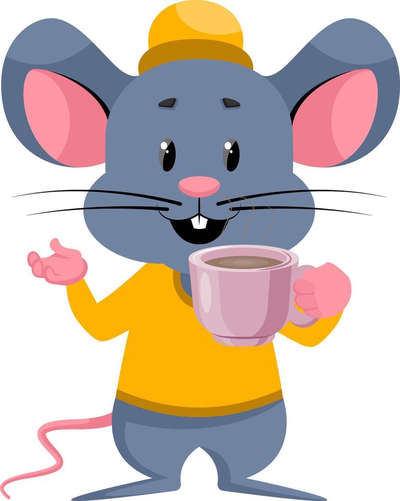 Ratón con café, ilustración, vector sobre fondo blanco.