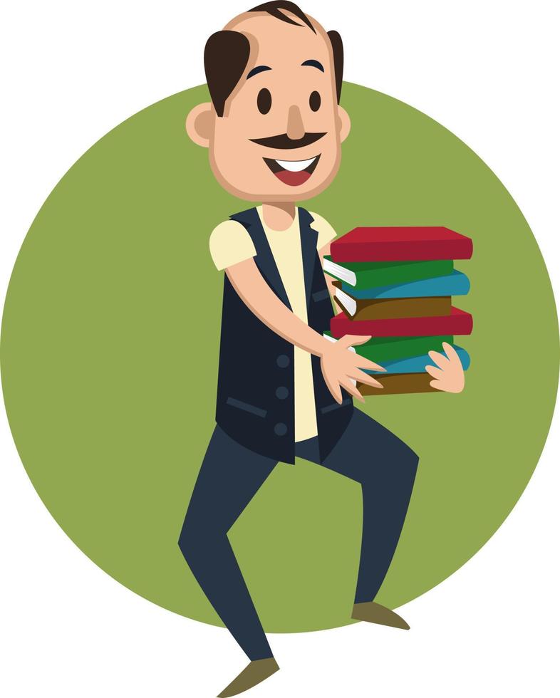 hombre sujetando libros, ilustración, vector sobre fondo blanco.