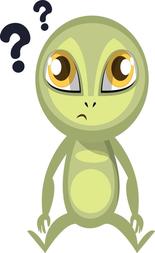 Alien with question marks, illustration, vector on white background.