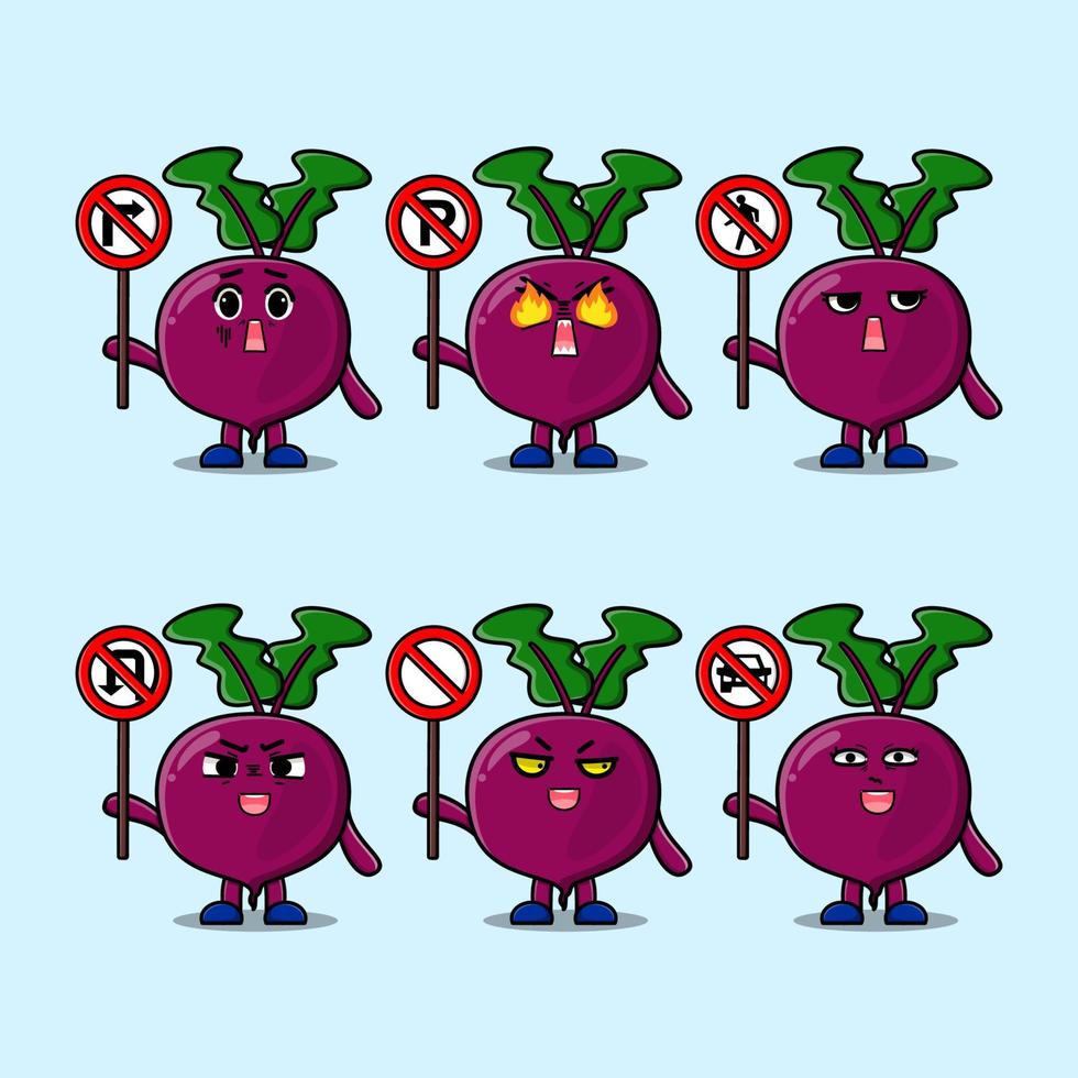 Cute Beetroot cartoon character hold traffic sign vector