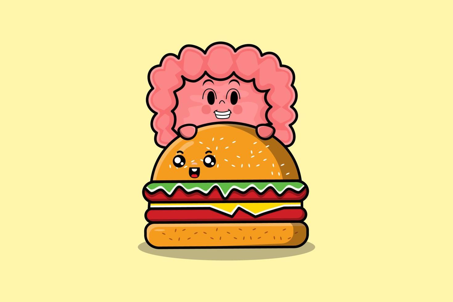 Cute Intestine cartoon character hiding in burger vector
