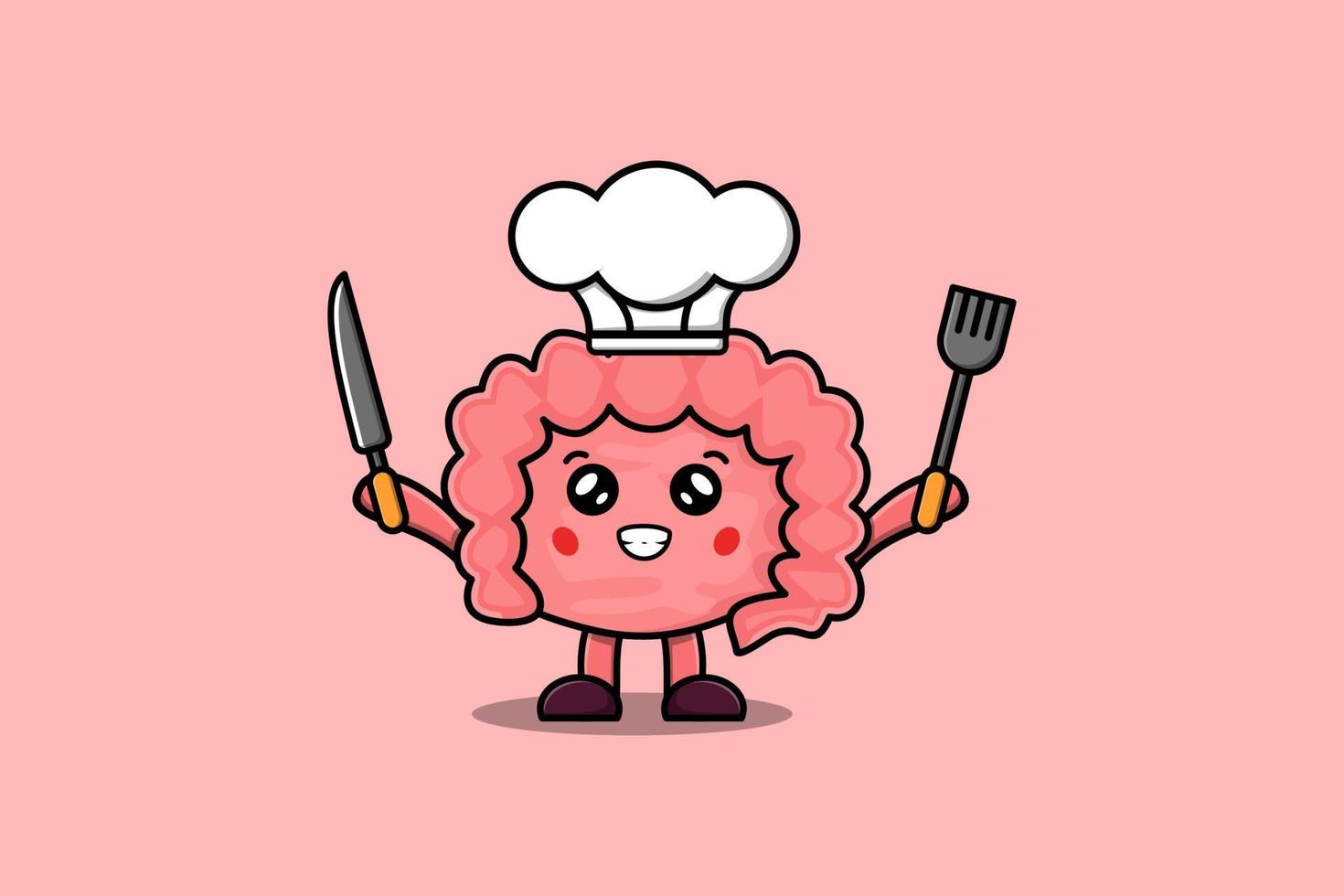 Cute cartoon Intestine chef holding knife and fork vector