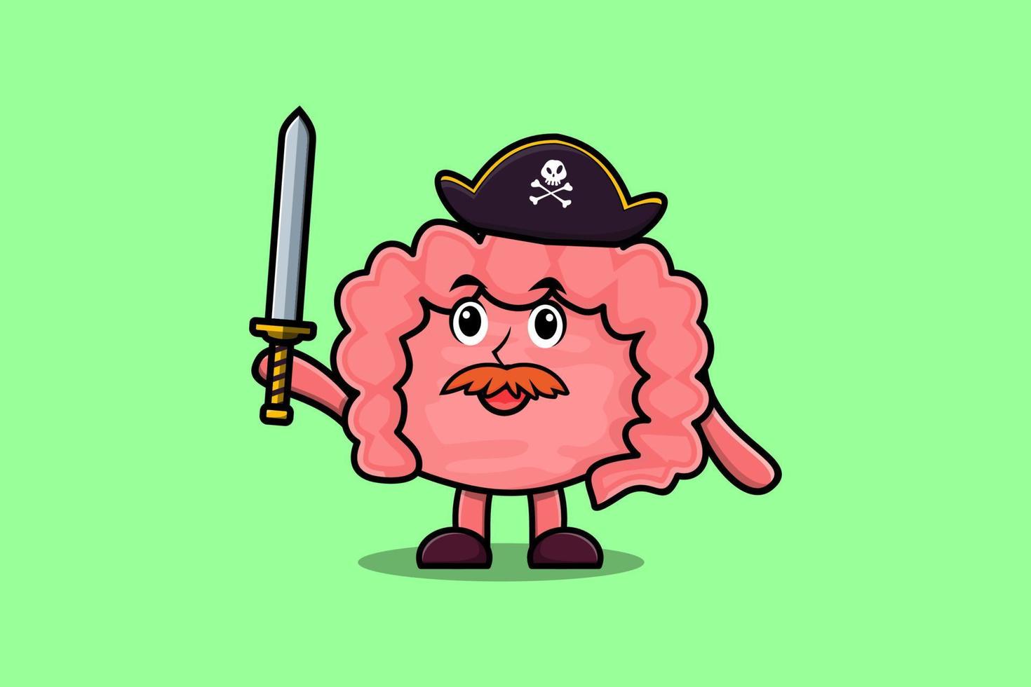 Cute cartoon mascot Intestine pirate holding sword vector