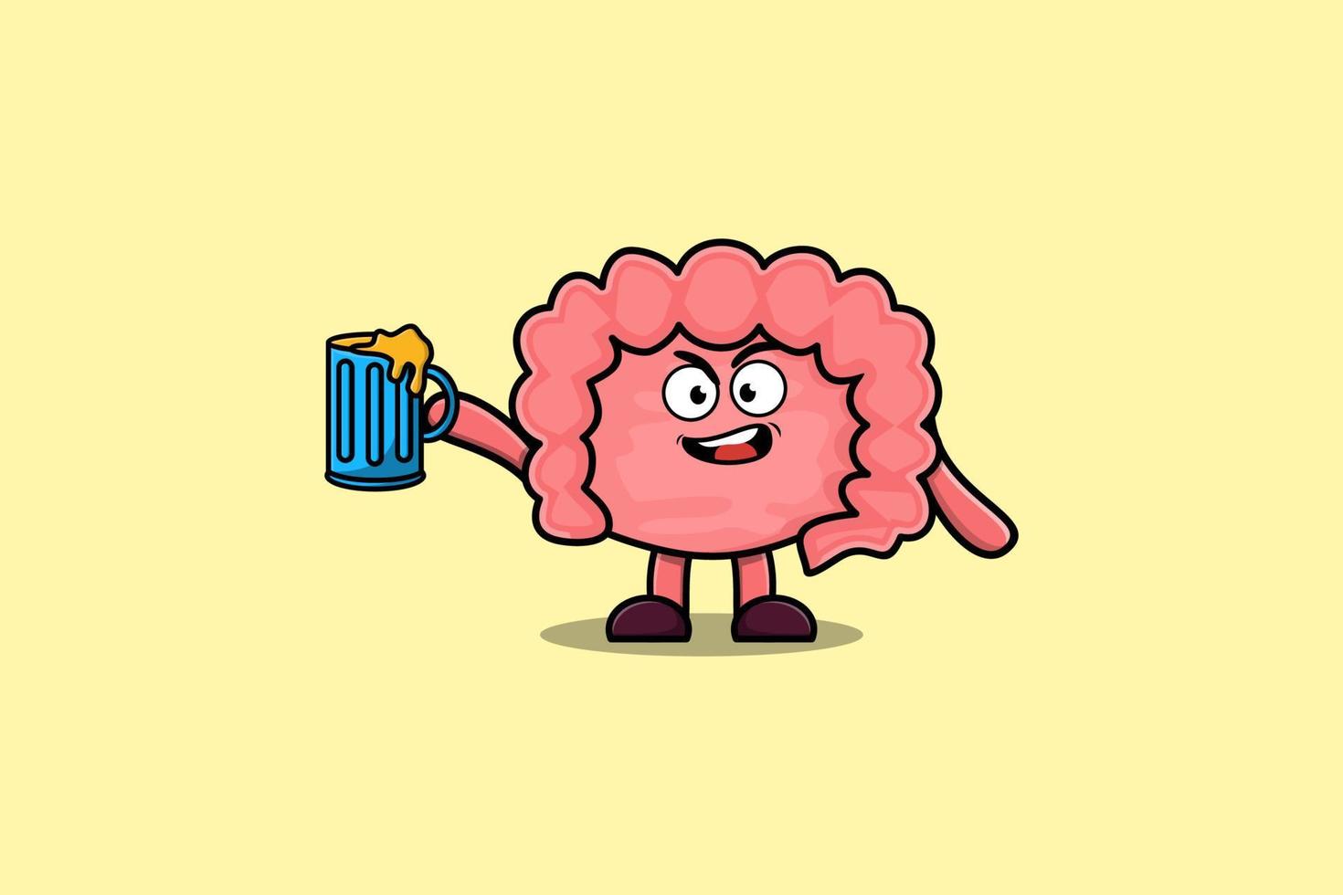 Cute Intestine cartoon character with beer glass vector