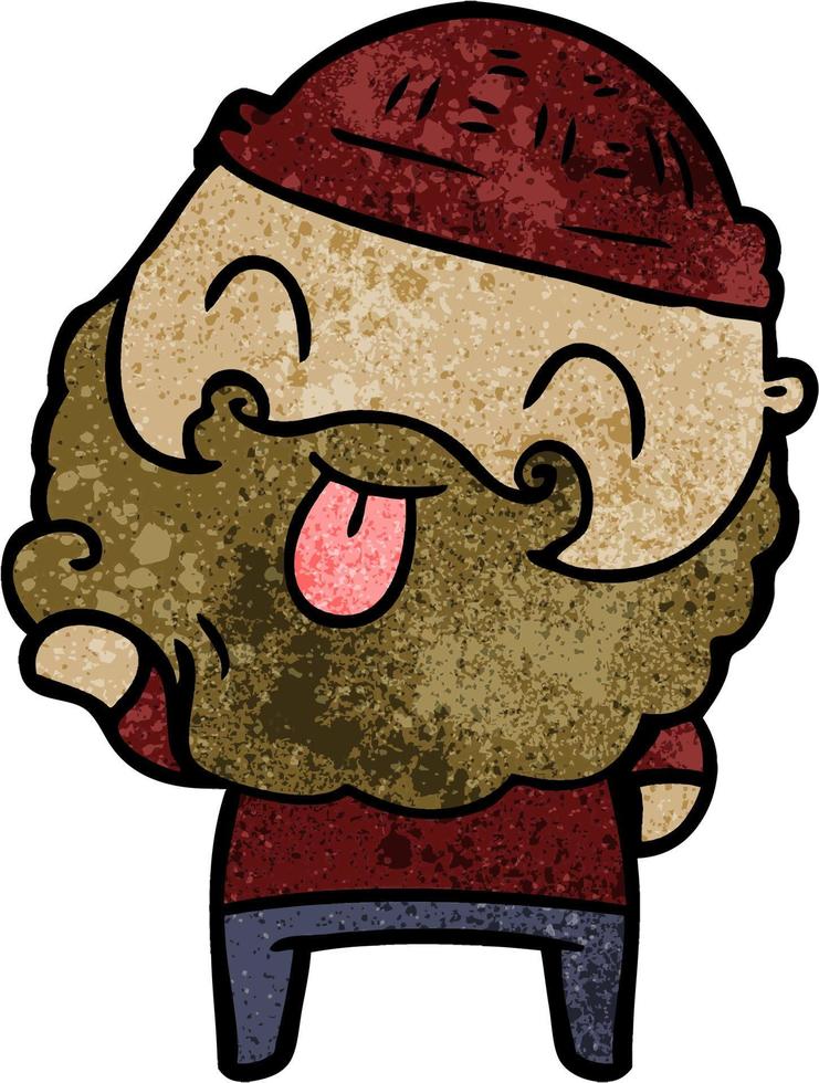 Retro grunge texture cartoon man with beard tongue out vector