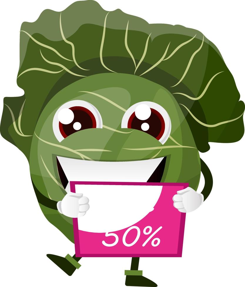 Cabbage is holding 50 percent coupon, illustration, vector on white background.