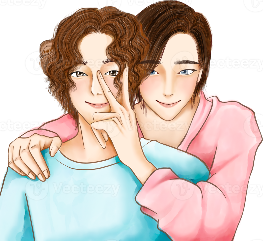 casal gay doodle kawaii anime página para colorir ilustração fofa desenhando personagem de clipart Chibi mangá quadrinhos png