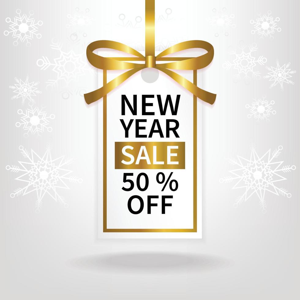 new year sale price tag gold ribbon template white snowflake background vector