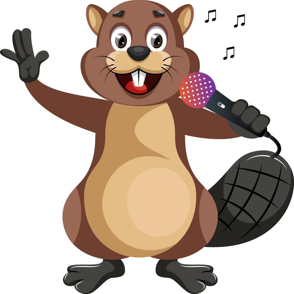 Beaver with microphone, illustration, vector on white background.