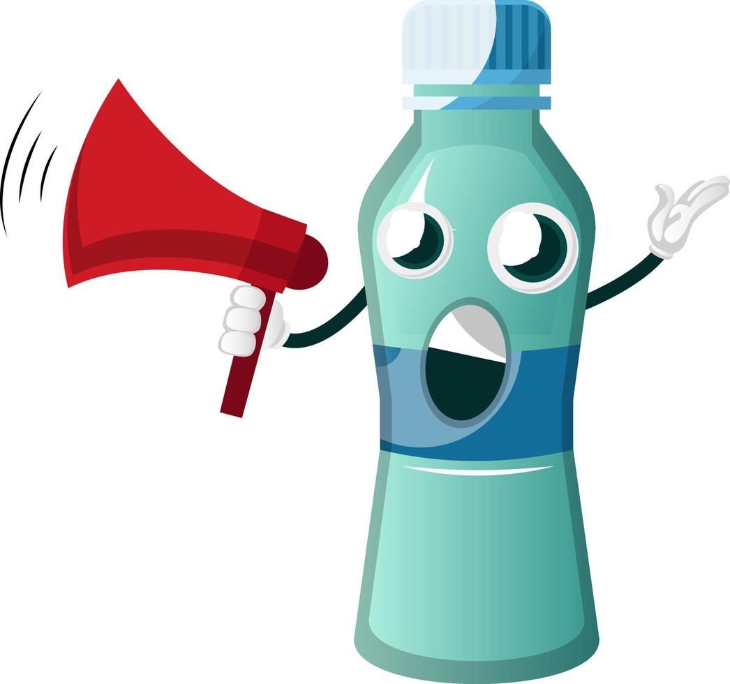 Bottle is holding megaphone, illustration, vector on white background.