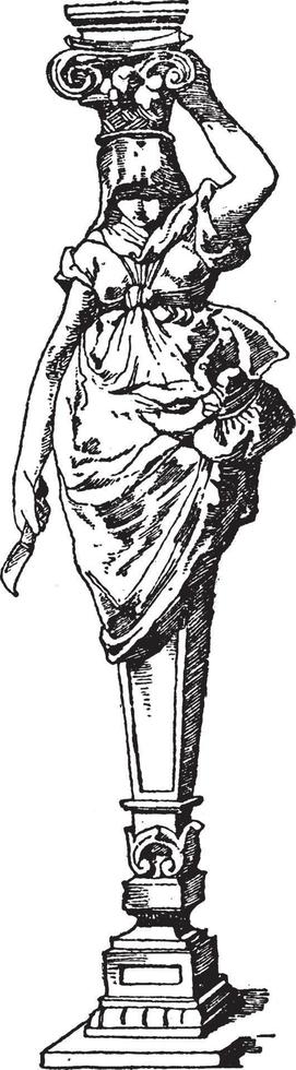 cariátide moderna, diosa, grabado antiguo. vector