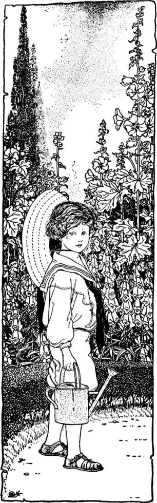 Boy Watering Flowers, vintage illustration vector