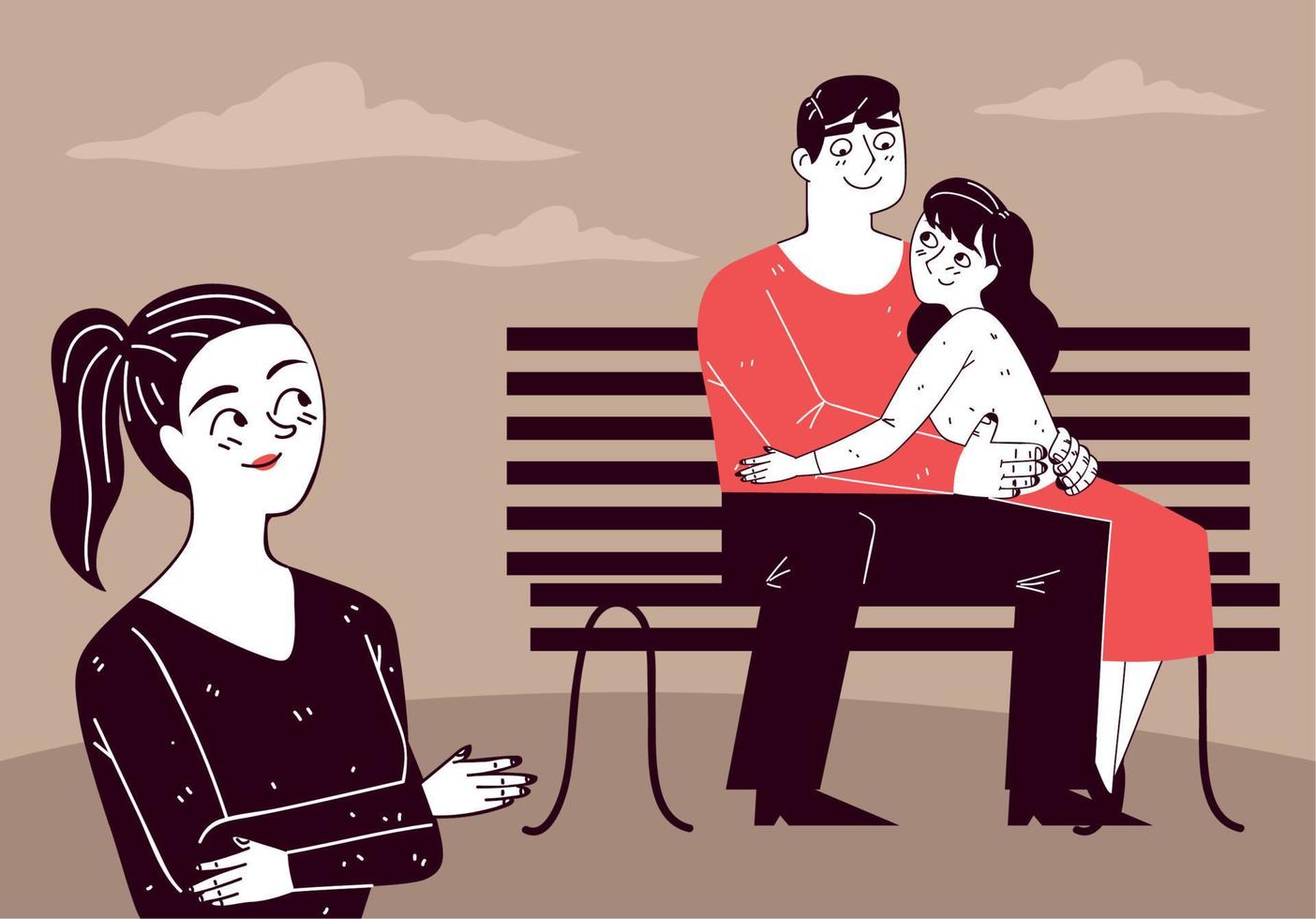 couple in a bench and girl vector