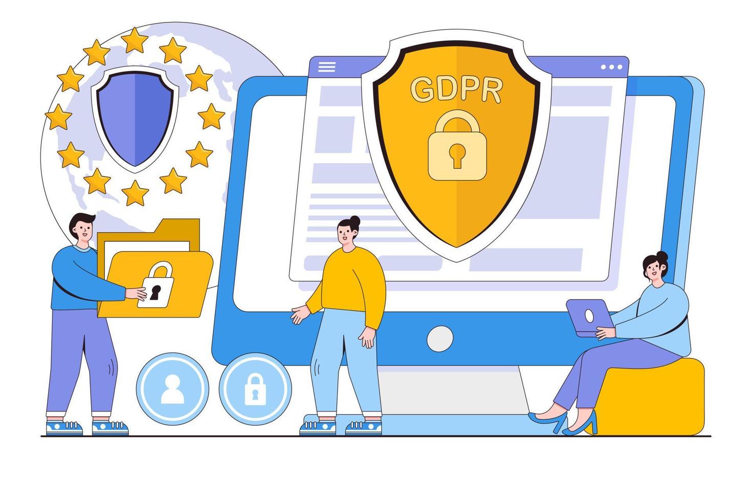 personas planas que protegen los datos comerciales y el concepto de información legal. ilustración vectorial mínima de estilo de diseño de esquema para página de inicio, banner web, infografía, imágenes de héroe vector